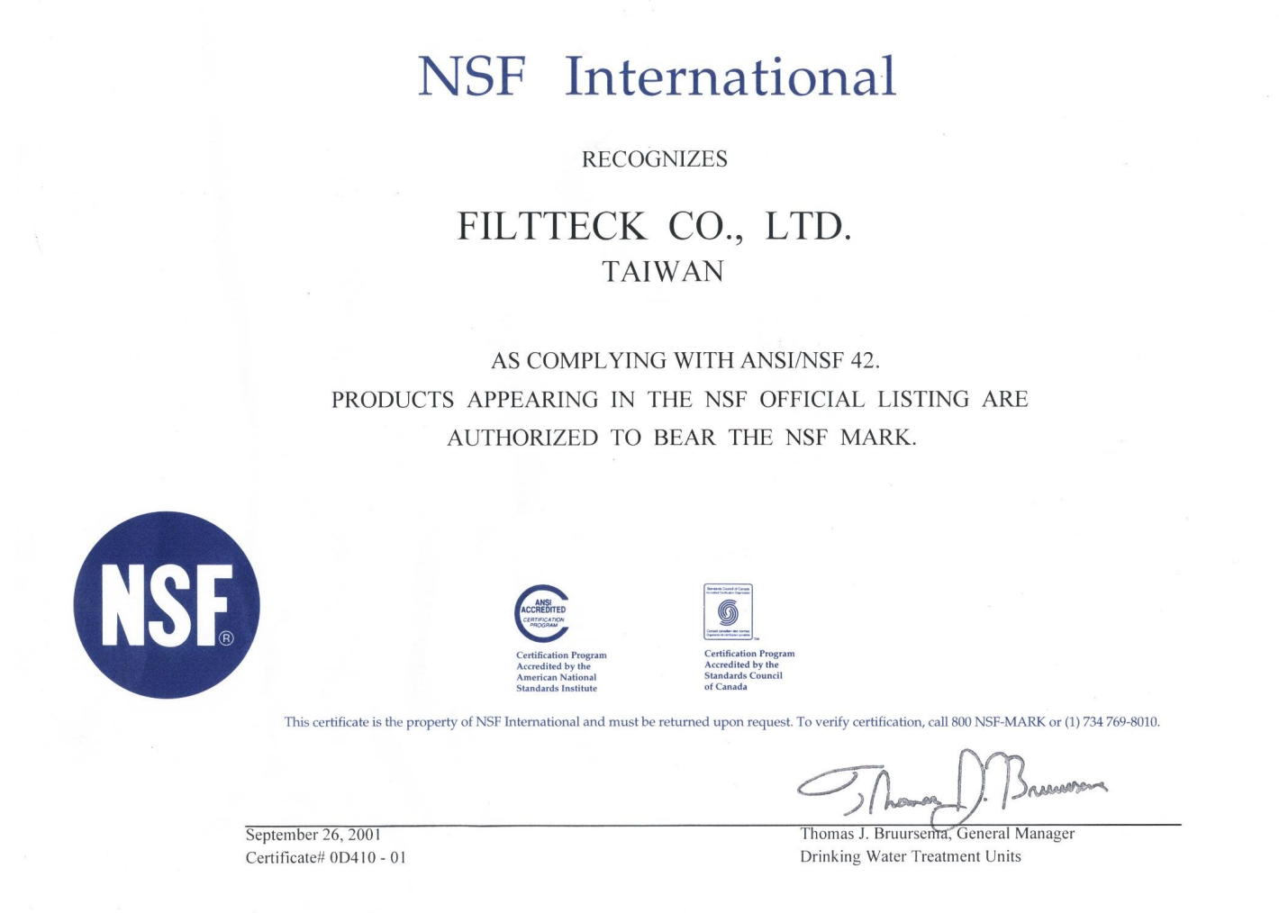 NSF @ Filtteck Co., Ltd.